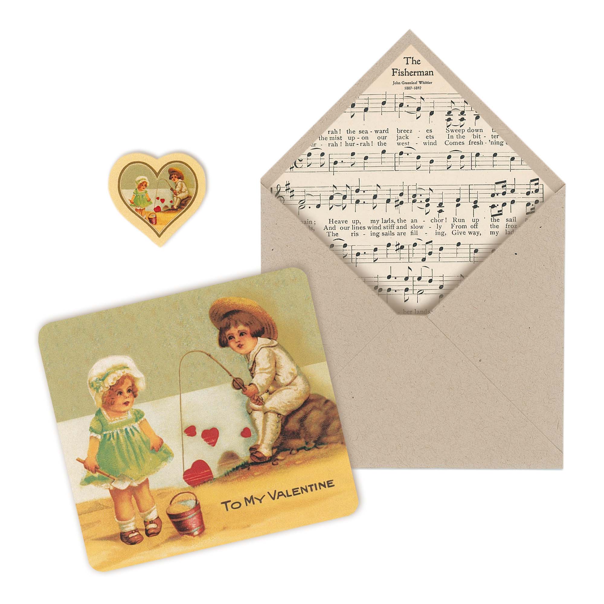 Enjoy a touch of the past with our 1900s Vintage Beach-Fishing Valentine Card illustration and our hand-crafted 1900s music sheet paper envelope. Perfect way to share your love if you are fishin' for someone’s heart. Reproduced from vintage treasure printed in Germany around the 1900s.. Hand-crafted envelope created using a music sheet from "Siefert’s Choice Songs” printed in the 1900s. tribegift.com
