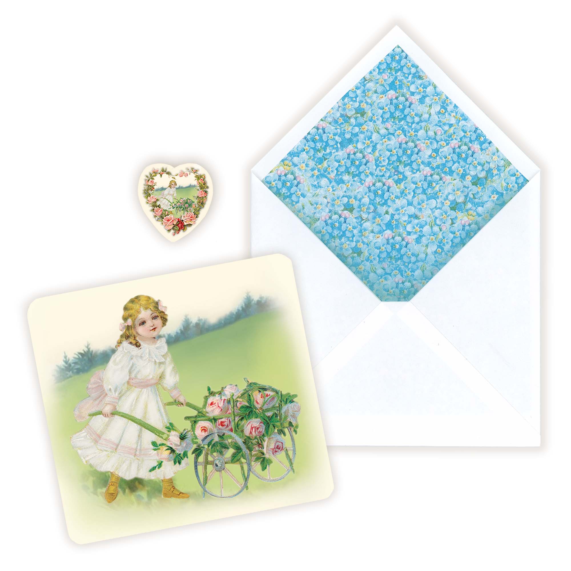 Step back in time with a 1906 Vintage Valentines Day reproduction that showcases a young lady pushing a wheelbarrow full of roses. Her elegance and grace amid a soft meadow continues to convey a timeless sense of loving kindness. Wheelbarrow full of roses symbolizes abundance of affection for the one you love. Printed on durable cover stock with soft velvet. Handcrafted envelope created with 1905 vintage blue floral paper insert. tribegift.com