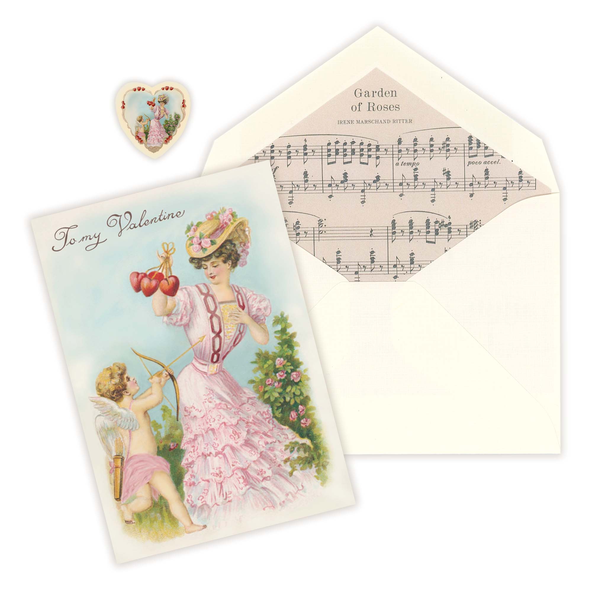 Hand-painted, early 1900s watercolor Vintage Valentines Day card features a Victorian woman in a rose garden holding a cluster of four strung hearts in her right hand, and placing her left hand over her heart. A Cupid has a golden arrow pointed towards her, and when a Cupid shoots an arrow, it symbolizes the intensity of falling in love. We can definitely see that love is in the air! Who will it be? Valentine card measures 4.875 long x 3.375 inches wide. Envelope measures 3.625 long x 5.125 inches wide. Vin