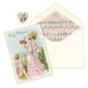 Hand-painted, early 1900s watercolor Vintage Valentines Day card features a Victorian woman in a rose garden holding a cluster of four strung hearts in her right hand, and placing her left hand over her heart. A Cupid has a golden arrow pointed towards her, and when a Cupid shoots an arrow, it symbolizes the intensity of falling in love. We can definitely see that love is in the air! Who will it be? Valentine card measures 4.875 long x 3.375 inches wide. Envelope measures 3.625 long x 5.125 inches wide. Vin