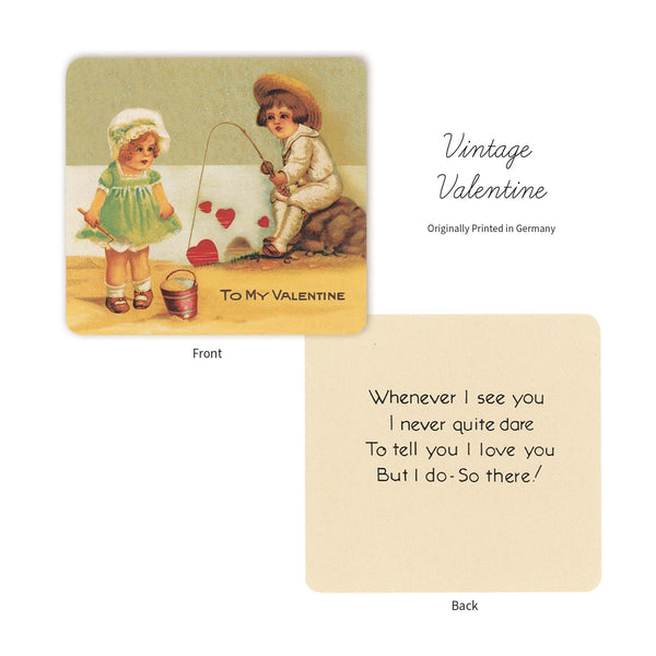 Enjoy a touch of the past with our 1900s Vintage Beach-Fishing Valentine Card illustration and our hand-crafted 1900s music sheet paper envelope. Perfect way to share your love if you are fishin' for someone’s heart. Reproduced from vintage treasure printed in Germany around the 1900s.. Hand-crafted envelope created using a music sheet from "Siefert’s Choice Songs” printed in the 1900s. tribegift.com