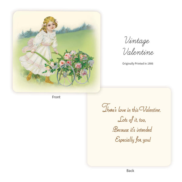 Step back in time with a 1906 Vintage Valentines Day reproduction that showcases a young lady pushing a wheelbarrow full of roses. Her elegance and grace amid a soft meadow continues to convey a timeless sense of loving kindness. Wheelbarrow full of roses symbolizes abundance of affection for the one you love. Printed on durable cover stock with soft velvet. Handcrafted envelope created with 1905 vintage blue floral paper insert. tribegift.com