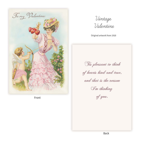 Hand-painted, early 1900s watercolor Vintage Valentines Day card features a Victorian woman in a rose garden holding a cluster of four strung hearts in her right hand, and placing her left hand over her heart. A Cupid has a golden arrow pointed towards her, and when a Cupid shoots an arrow, it symbolizes the intensity of falling in love. We can definitely see that love is in the air! Who will it be? Valentine card measures 4.875 long x 3.375 inches wide. Envelope measures 3.625 long x 5.125 inches wide. Vin