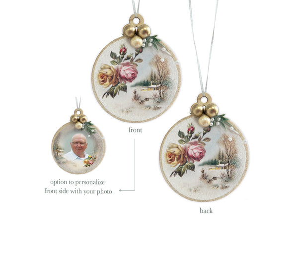 Bring back the 1890s and add a timeless touch to your home decor. This vintage style Christmas Ornament is created using pearls, beads and glittering accents. Perfect for you or a gift to another! Round 2.75 inch wooden ornament. German vintage art taken from the 1890s. Each side is embellished with a soft glitter spray over the print and additional fine glitter snow applied to sides. 