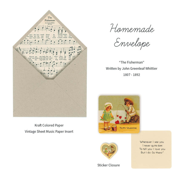 Enjoy a touch of the past with our 1900s Vintage Beach-Fishing Valentine Card illustration and our hand-crafted 1900s music sheet paper envelope. Perfect way to share your love if you are fishin' for someone’s heart. Reproduced from vintage treasure printed in Germany around the 1900s.. Hand-crafted envelope created using a music sheet from "Siefert’s Choice Songs” printed in the 1900s. tribegift.com