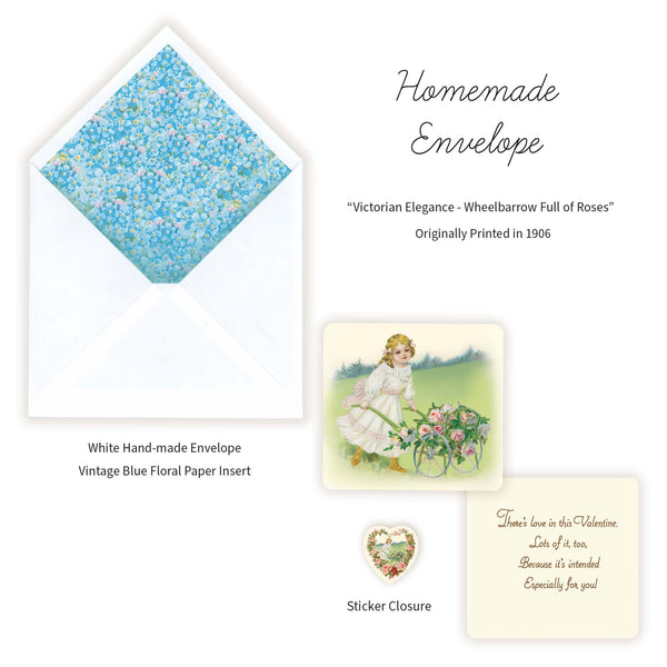 Step back in time with a 1906 Vintage Valentines Day reproduction that showcases a young lady pushing a wheelbarrow full of roses. Her elegance and grace amid a soft meadow continues to convey a timeless sense of loving kindness. Wheelbarrow full of roses symbolizes abundance of affection for the one you love. Printed on durable cover stock with soft velvet. Handcrafted envelope created with 1905 vintage blue floral paper insert. tribegift.com