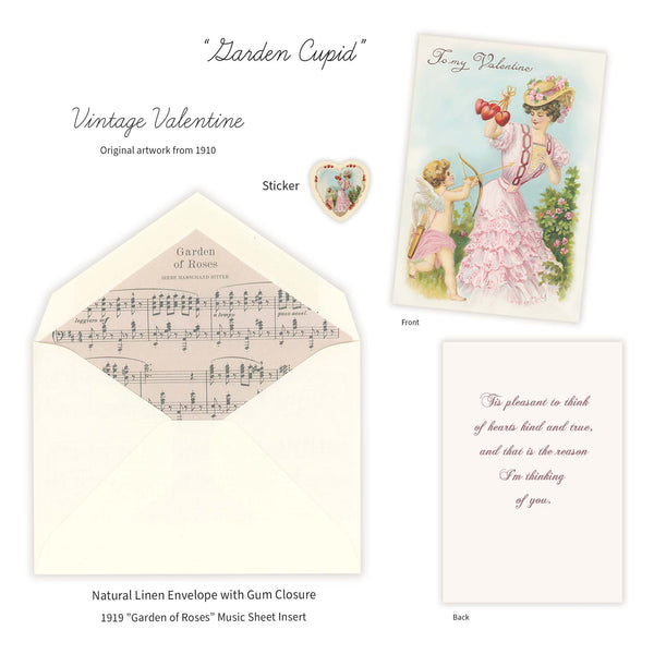 Hand-painted, early 1900s watercolor Vintage Valentines Day card features a Victorian woman in a rose garden holding a cluster of four strung hearts in her right hand, and placing her left hand over her heart. A Cupid has a golden arrow pointed towards her, and when a Cupid shoots an arrow, it symbolizes the intensity of falling in love. We can definitely see that love is in the air! Who will it be? Valentine card measures 4.875 long x 3.375 inches wide. Envelope measures 3.625 long x 5.125 inches wide. Vin