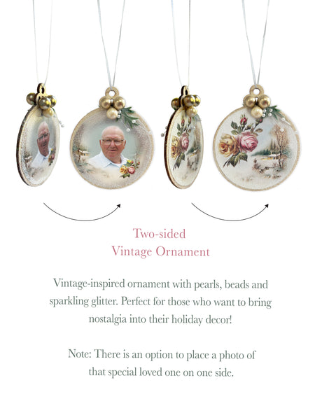 Bring back the 1890s and add a timeless touch to your home decor. This vintage style Christmas Ornament is created using pearls, beads and glittering accents. Perfect for you or a gift to another! Round 2.75 inch wooden ornament. German vintage art taken from the 1890s. Each side is embellished with a soft glitter spray over the print and additional fine glitter snow applied to sides. 