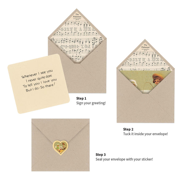 Enjoy a touch of the past with our 1900s Vintage Beach-Fishing Valentine Card illustration and our hand-crafted 1900s music sheet paper envelope. Perfect way to share your love if you are fishin' for someone’s heart. Reproduced from vintage treasure printed in Germany around the 1900s.. Hand-crafted envelope created using a music sheet from "Siefert’s Choice Songs” printed in the 1900s. tribegift.com