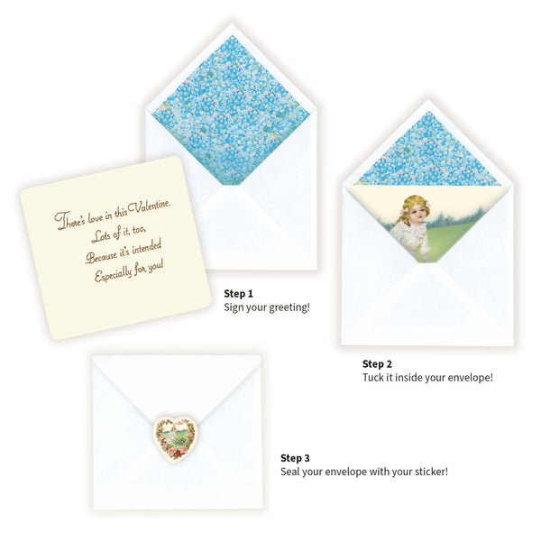 Step back in time with a 1906 Vintage Valentines Day reproduction that showcases a young lady pushing a wheelbarrow full of roses. Her elegance and grace amid a soft meadow continues to convey a timeless sense of loving kindness. Wheelbarrow full of roses symbolizes abundance of affection for the one you love. Printed on durable cover stock with soft velvet. Handcrafted envelope created with 1905 vintage blue floral paper insert. tribegift.com