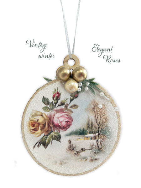 Bring back the 1890s and add a timeless touch to your home decor. This vintage style Christmas Ornament is created using pearls, beads and glittering accents. Perfect for you or a gift to another! Round 2.75 inch wooden ornament. German vintage art taken from the 1890s. Each side is embellished with a soft glitter spray over the print and additional fine glitter snow applied to sides. 