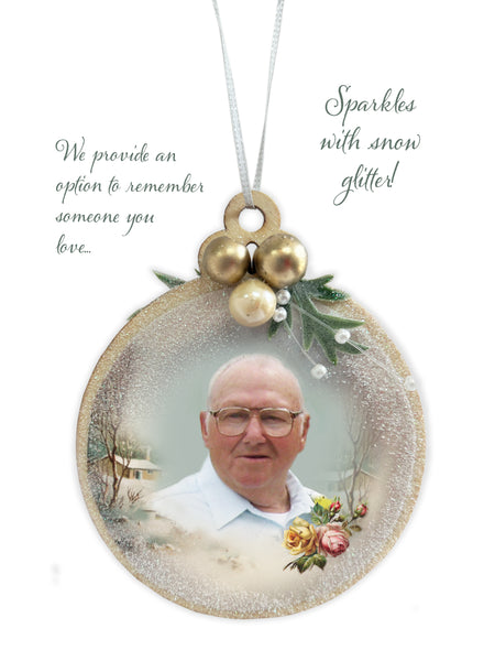 Bring back the 1890s and add a timeless touch to your home decor. This vintage style Christmas Ornament is created using pearls, beads and glittering accents. Perfect for you or a gift to another! Round 2.75 inch wooden ornament. German vintage art taken from the 1890s. Each side is embellished with a soft glitter spray over the print and additional fine glitter snow applied to sides. 