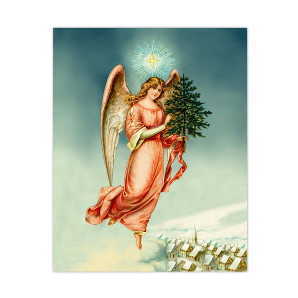 Vintage Angels - An elegant vintage angel watches over a wintry village. Because angels appeared high in the sky on that very first Christmas, winter vintage angel illustrations were a reminder that they still watch over us today. Vintage print reproduction measures 8 x 10 inches. Angel dressed in peach-colored gown while holding evergreen tree with bright light behind her. tribegift.com