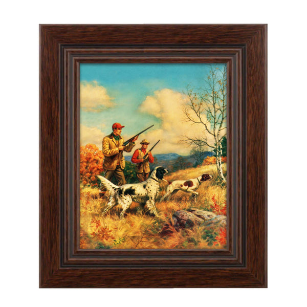 Within this vintage calendar print, anticipation runs high as the men and their dogs set out for a hunting adventure. Vintage Hunting Pictures are perfect for a hunter's personal space or a gift for another!  Vintage print reproduction measures 8 x 10 inches. Printed on durable cover stock with soft velvet finish. tribegift.com