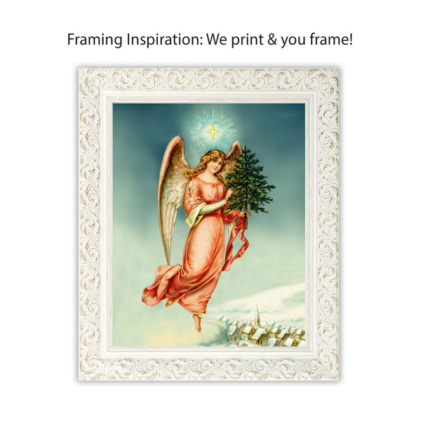 Vintage Angels - An elegant vintage angel watches over a wintry village. Because angels appeared high in the sky on that very first Christmas, winter vintage angel illustrations were a reminder that they still watch over us today. Vintage print reproduction measures 8 x 10 inches. Angel dressed in peach-colored gown while holding evergreen tree with bright light behind her. tribegift.com