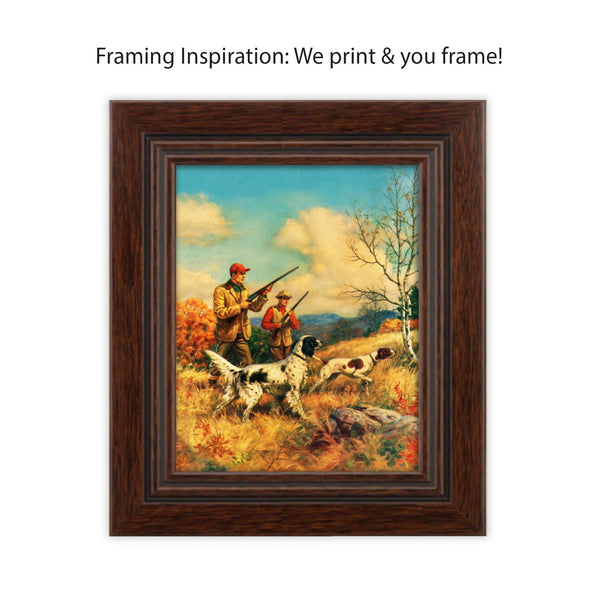 Within this vintage calendar print, anticipation runs high as the men and their dogs set out for a hunting adventure. Vintage Hunting Pictures are perfect for a hunter's personal space or a gift for another!  Vintage print reproduction measures 8 x 10 inches. Printed on durable cover stock with soft velvet finish. tribegift.com