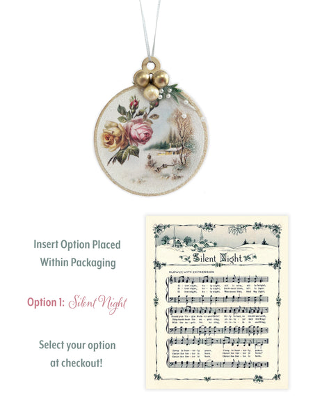 Bring back the 1890s and add a timeless touch to your home decor. This vintage style Christmas Ornament is created using pearls, beads and glittering accents. Perfect for you or a gift to another! Round 2.75 inch wooden ornament. German vintage art taken from the 1890s. Each side is embellished with a soft glitter spray over the print and additional fine glitter snow applied to sides. 