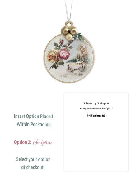 Bring back the 1890s and add a timeless touch to your home decor. This vintage style Christmas Ornament is created using pearls, beads and glittering accents. Perfect for you or a gift to another! Round 2.75 inch wooden ornament. German vintage art taken from the 1890s. Each side is embellished with a soft glitter spray over the print and additional fine glitter snow applied to sides. 