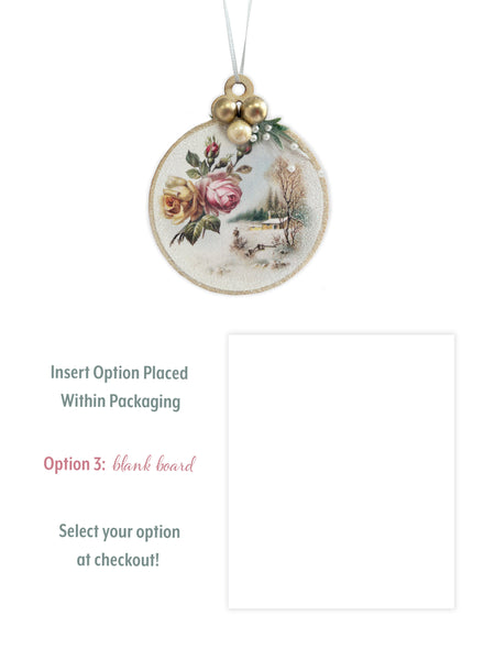 Bring back the 1890s and add a timeless touch to your home decor. This vintage style Christmas Ornament is created using pearls, beads and glittering accents. Perfect for you or a gift to another! Round 2.75 inch wooden ornament. German vintage art taken from the 1890s. Each side is embellished with a soft glitter spray over the print and additional fine glitter snow applied to sides. 