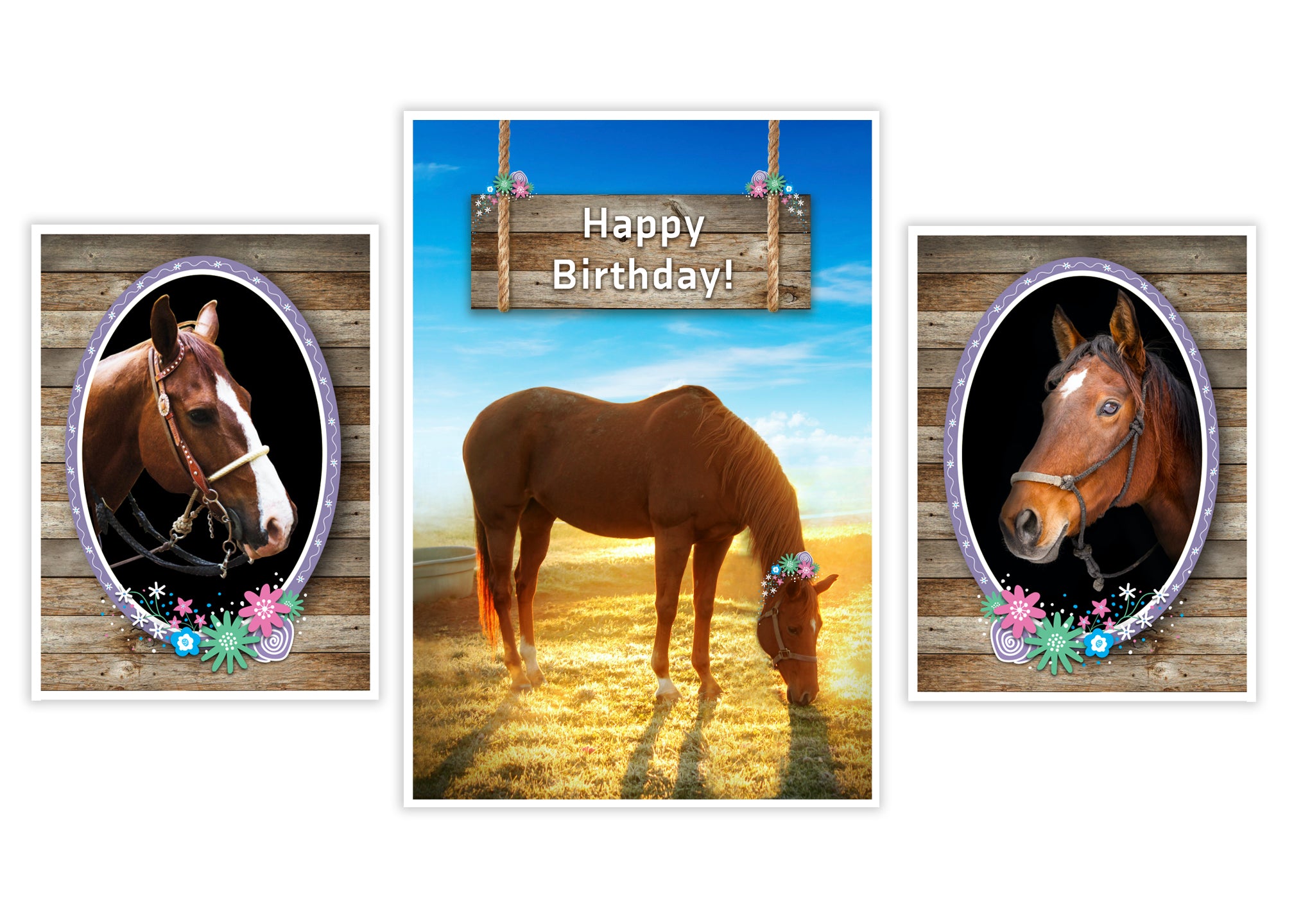 Colorful vibrant set of posters to present your "Happy Birthday” message! 13 x 19 poster showcases a horse grazing on the meadow at sunrise, and a barn board “Happy Birthday” sign hanging above that announces the start of this special day. Two 9.5 x 13 side posters showcase horses. Playful floral illustrations add a fanciful touch to our Happy Birthday horse pictures. Printed on stock with soft velvet finish. Great horse themed décor for the home or barn once the party is over! tribegift.com