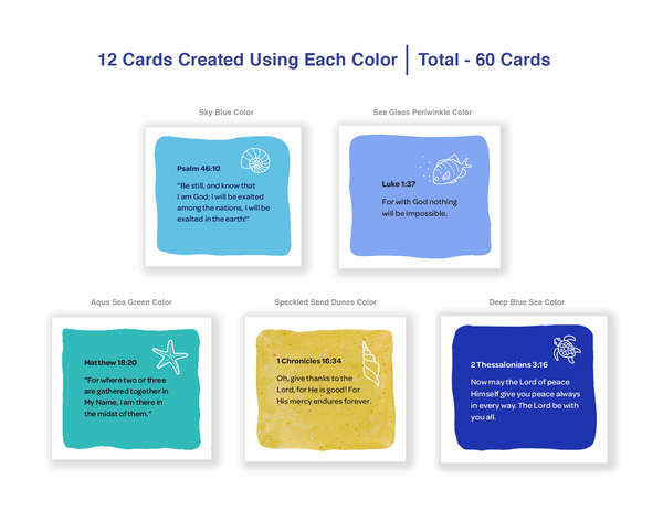 Sea-inspired set of 60 scripture cards with a new scripture printed on each side of the card. Scripture card set includes 120 verses that come from each of the 66 books of the Bible - New King James Version. 5 ocean-inspired sea colors - 12 of each color - total of 60 cards. Printed and packaged in chronological order from Genesis to Revelation. Sea-life line art illustration featured on each card. tribegift.com