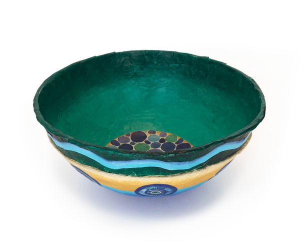 Paper mache coastal bowls have sea-inspired painted patterns. Interior bottom of bowl has circular print that colorfully mimics the round pebbles on the bottom of sea floor. Outer sides have soft blue curvilinear wave line that wraps around the complete top. Created using recycled and up-cycled materials. Lightweight, durable and vibrant. 9 "to 9 1/2" Diameter - 3 3/4" to 4 1/2" High. Sealed inside and out for normal handling and use. For decorative use only - not for food use.  tribegift.com