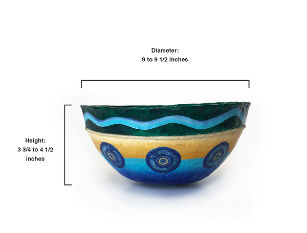 Paper mache coastal bowls measure 9 "to 9 1/2" in diameter and 3 3/4" to 4 1/2" high. Each bowl varies in size due to the handmade paper mache construction. Just like nature, coastal bowls have an irregular and imperfect surface. Created using recycled and up-cycled materials. Layered with paper and twine. Sealed inside and out for normal handling and use.  For decorative use only - not for food use.  tribegift.com