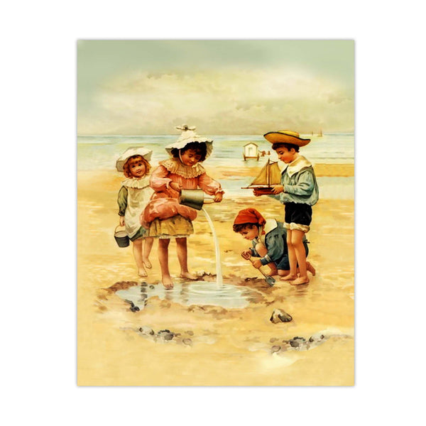 Within this vintage beach print, children work together to create a mini pool of water for their sailboat. Sand and water sensory play has always helped children develop creative thinking, imagination and problem solving. Pack a spade, bucket, and sailboat for hours of play! Vintage print reproduction measures 8 x 10 inches. Printed on durable cover stock with soft velvet finish. tribegift.com