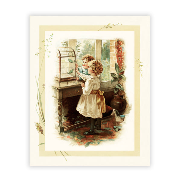 Two young children stand beside a bird cage feeding two teal colored love birds. This elegant vintage illustration is taken from a storybook published in the late 1800s. Ideal home accent for bird lovers or anyone who appreciates bird watching! Illustration taken from a storybook entitled, “The Sunbeams and Me.” Ad reproduction measures 8 x 10 inches. Printed on durable cover stock with soft velvet finish. Tribegift.com