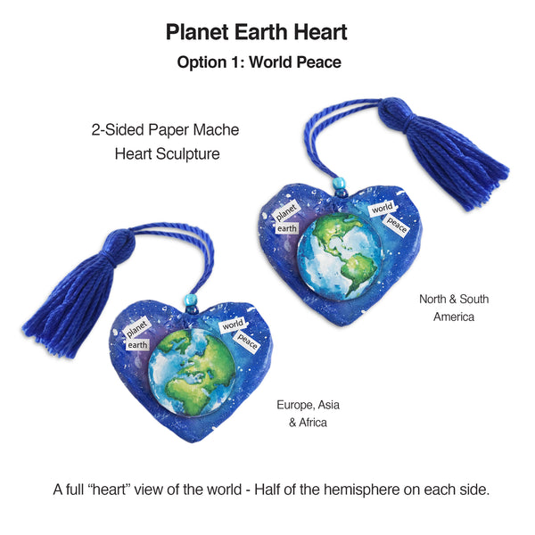 Heart paper mache sculpture celebrates planet earth and world peace. Perfect peace gift uniquely created to fit in palm of hand. One-of-a-kind hand sculpted and hand-painted shape. Earth divided into two halves with hemisphere on each side of heart. Color selection promotes sustainable global awareness that encourages us to respect, protect and preserve planet earth and the cosmos. Earth illustration suspends up from outer-space-colored background. Deep blue yarn tassel attached. Tribegift.com
