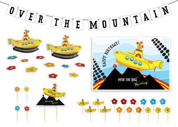 A bold and brave Yellow Submarine makes its way over the peak of a mountain within this party pack theme.  This is no average “Over the Hill” experience. We are talking mountains - not hills. Enjoy celebrating getting old Beatle style! Party Pack includes pennant banner, poster, cut-out décor, cake topper and food picks. - tribegift.com