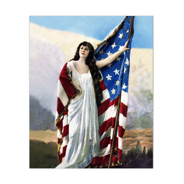 In 1917 and 1918, the woman’s suffrage movement was on the verge of breakthrough. This patriotic wall art print is in honor of everyone who lobbied, marched, and endured fierce resistance when fighting for a woman’s right to vote. Illustration taken from the cover of Theatre Magazine, January 1918. Corinne Barker is shown holding up an American flag. Patriotic woman reproduction printed on durable cover stock with soft velvet finish. Measures 8 x 10 inches. Tribegift.com