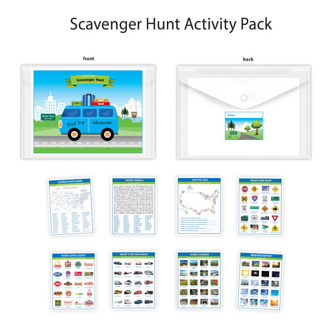 Perfect opportunity to take on our scavenger hunt challenge. Kids from seven to tween to teen and even adults will enjoy this road trip scavenger hunt activity pack. Plastic sleeve holder has button snap closure and measures 9.25 x 12.875 inches. Made with high-quality clear plastic with tear resistant surface. 6 challenging scavenger hunt sheets and 2 U.S. activity sheets placed within each sleeve. Name label on back of sleeve for ease in identifying multiple packs in vehicle. tribegift.com