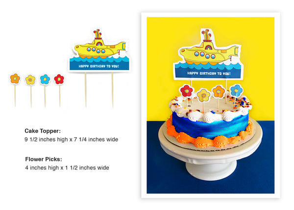 Colorful vibrant Yellow Submarine cake topper - - Happy Birthday To You! Cake topper showcases a yellow submarine floating on blue water. Four flower cake picks come with the Yellow Submarine cake topper. All picks are made out of 100% Natural Bamboo - biodegradable! Art printed on 100 LB. text weight paper with soft velvet finish. Perfect cake topper for your Yellow Submarine birthday party! - tribegift.com