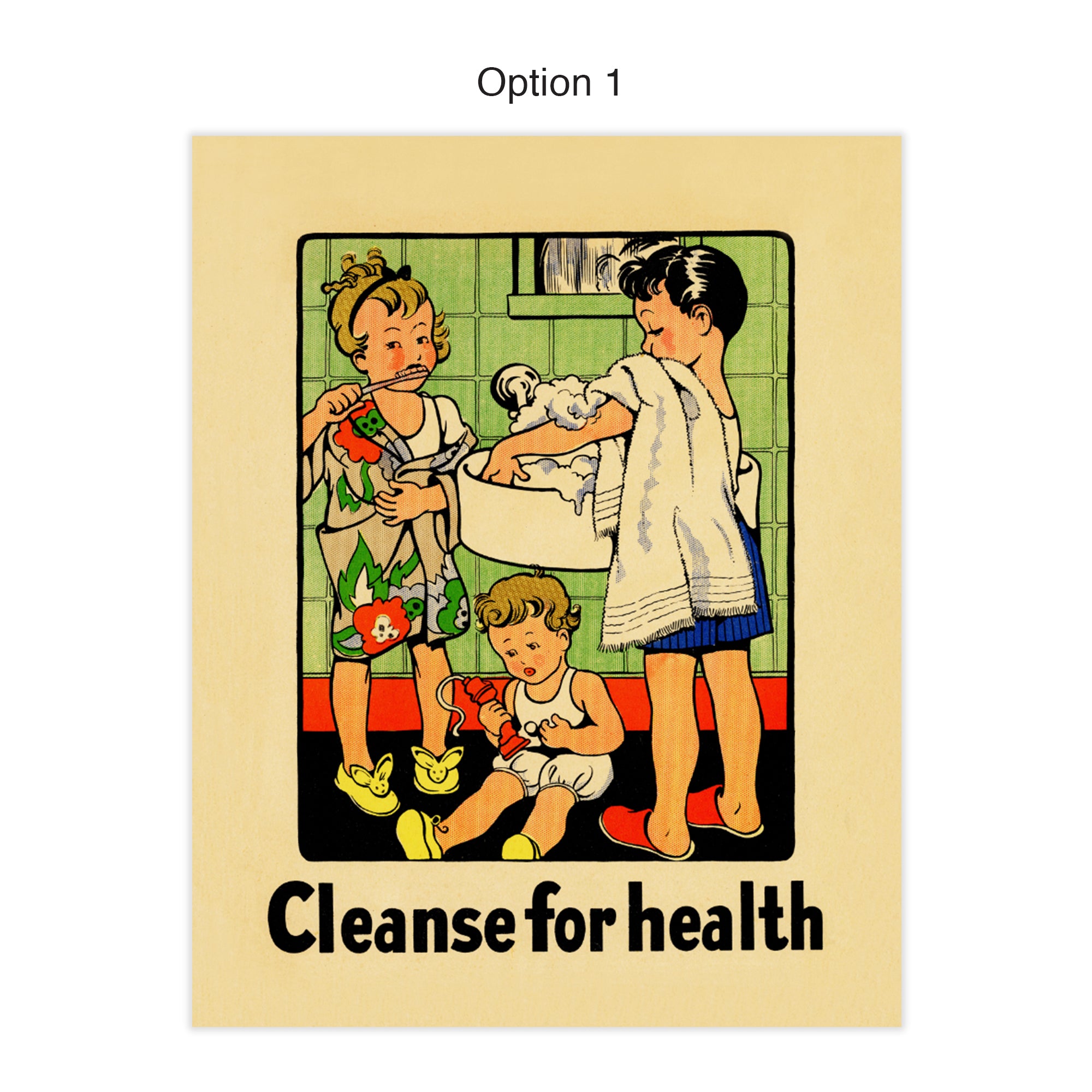 As we see the importance of hand-washing increasing, this 1934 vintage bathroom print will remind us how important cleansing for health has always been! Playful illustration of children brushing teeth and washing hands. Measures 8 x 10 inches. Reproduced from a publication entitled “The Classroom Teacher, Inc.” “Cleanse for Health” - definitely a fitting message for today!  tribegift.com