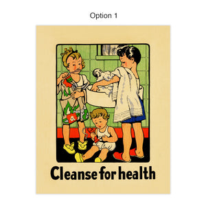 As we see the importance of hand-washing increasing, this 1934 vintage bathroom print will remind us how important cleansing for health has always been! Playful illustration of children brushing teeth and washing hands. Measures 8 x 10 inches. Reproduced from a publication entitled “The Classroom Teacher, Inc.” “Cleanse for Health” - definitely a fitting message for today!  tribegift.com