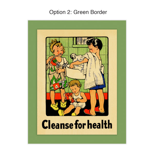 As we see the importance of hand-washing increasing, this 1934 vintage bathroom print will remind us how important cleansing for health has always been! Playful illustration of children brushing teeth and washing hands. Measures 8 x 10 inches. Reproduced from a publication entitled “The Classroom Teacher, Inc.” “Cleanse for Health” - definitely a fitting message for today!  tribegift.com