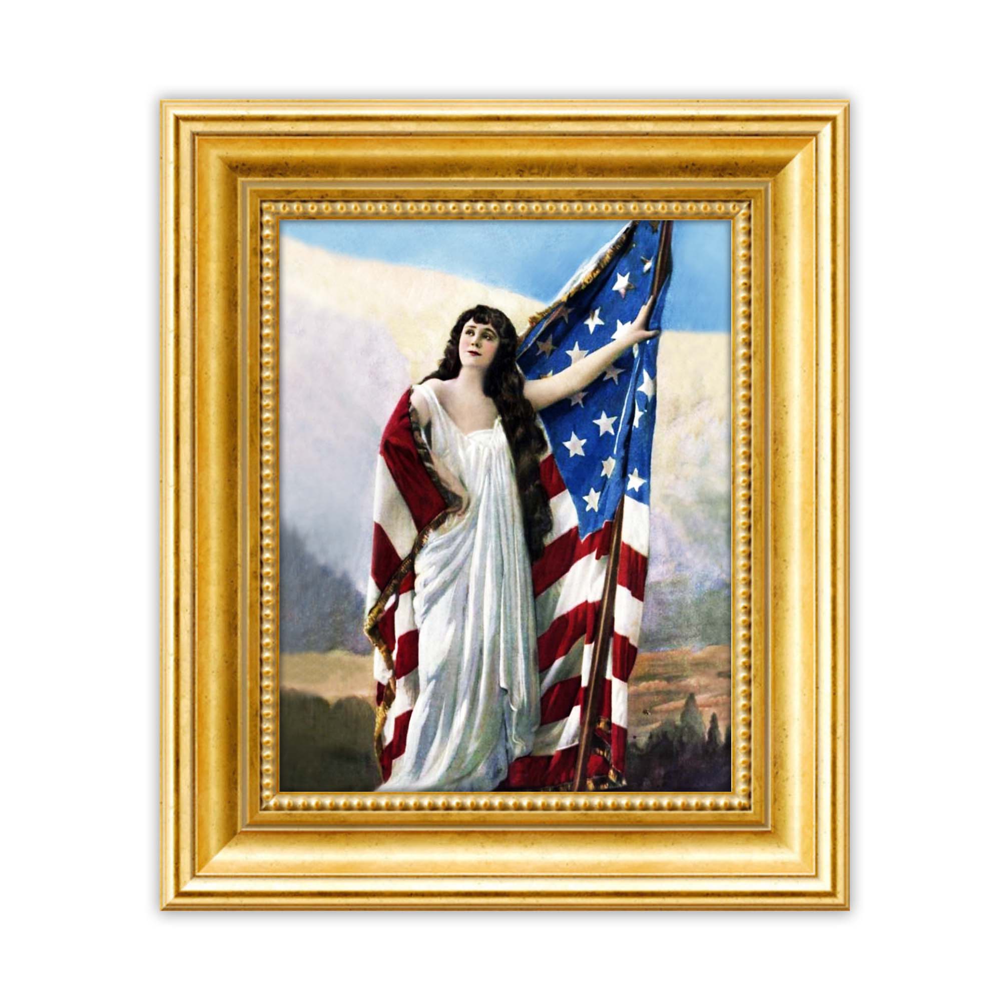 In 1917 and 1918, the woman’s suffrage movement was on the verge of breakthrough. This patriotic wall art print is in honor of everyone who lobbied, marched, and endured fierce resistance when fighting for a woman’s right to vote. Illustration taken from the cover of Theatre Magazine, January 1918. Corinne Barker is shown holding up an American flag. Patriotic woman reproduction printed on durable cover stock with soft velvet finish. Measures 8 x 10 inches. Tribegift.com