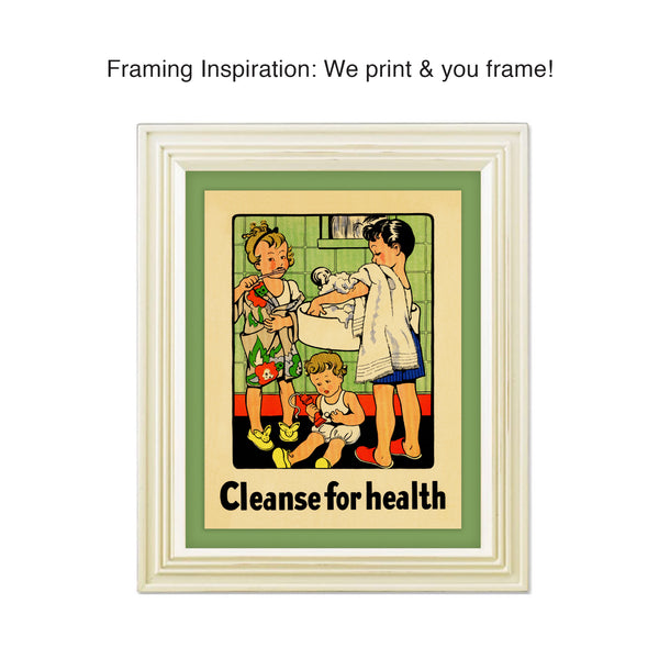 As we see the importance of hand-washing increasing, this 1934 vintage bathroom print will remind us how important cleansing for health has always been! Playful illustration of children brushing teeth and washing hands. Measures 8 x 10 inches. Reproduced from a publication entitled “The Classroom Teacher, Inc.” “Cleanse for Health” - definitely a fitting message for today!  tribegift.com