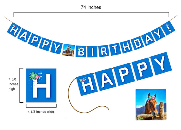 Horse Banner - Colorful vibrant "Happy Birthday" pennant banner made especially for your horse lover! Hassle-free fully assembled pennant banner. Printed on durable cover stock with soft velvet finish. Measures 74 inches wide. Extra brown string is provided on each end for hanging. Each letter measures 4.625 x 4.125 inches. Beautiful horse photo with fanciful floral illustration placed between "Happy" and "Birthday." tribegift.com