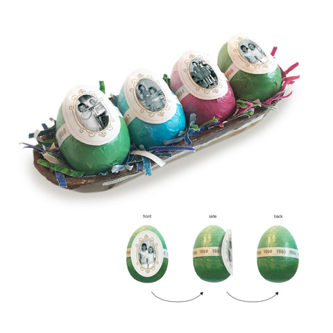 The egg has always held particular symbolic significance. It is a symbol of fertility and the circle of life. Our Personalized Paper Mache Eggs and Tray creates for you a unique opportunity to illustrate your story through pictures. Purchase your eggs with or without the paper mache tray. Eggs come in robin blue, magnolia pink, or earthen green colors. Eggs are nested in shredded blue, green and pink painted paper. This is a unique one-of-a-kind gift! Personalized Easter Egg  -tribegift.com