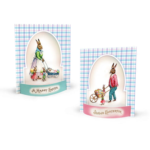 Colorful vintage-inspired Easter Rabbit Family paper cut-outs. Mom and Dad rabbit are taking a stroll with their rabbit children. Add a playful touch of the past to your Easter décor! Original vintage art taken from Easter greeting postcards. Easy assembly! Bowed paper base stands up rectangular paper cut-outs. Package includes two Easter Rabbit Family cut-out prints. Printed on durable cover stock with soft velvet finish. 
