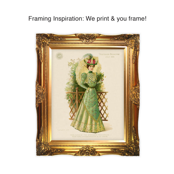 Enjoy the late Victorian fashion era with our elegant green lace day dress print. The skirt is fitted closely at the waist, sleeves are narrow with a puff rising at shoulder level, and lace-trimmed high standing collar compliments hat and parasol. Print published by the Standard Fashion Co. in July of 1898. Standard Fashion Co. sold clothing patterns to retailers for women and children. Print measures 8 x 10 inches. Printed on durable cover stock with soft velvet finish. Tribegift.com