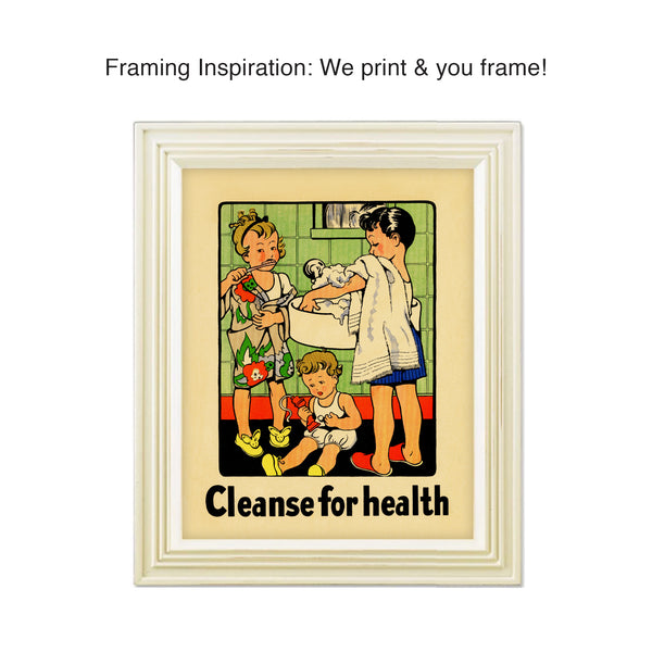 As we see the importance of hand-washing increasing, this 1934 vintage bathroom print will remind us how important cleansing for health has always been! Playful illustration of children brushing teeth and washing hands. Measures 8 x 10 inches. Reproduced from a publication entitled “The Classroom Teacher, Inc.” “Cleanse for Health” - definitely a fitting message for today!  tribegift.com