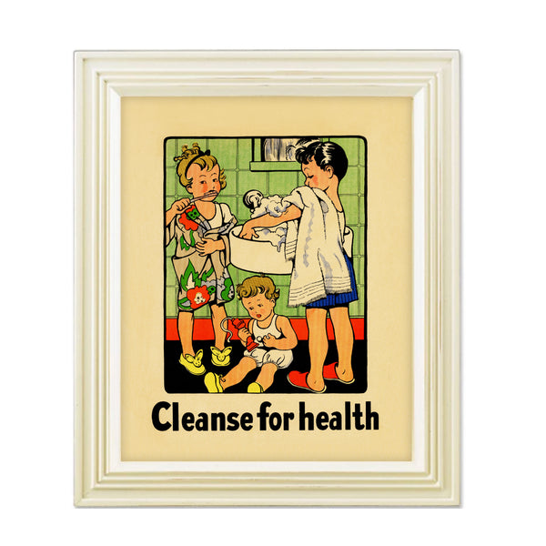 As we see the importance of hand-washing increasing, this 1934 vintage bathroom print will remind us how important cleansing for health has always been! Playful illustration of children brushing teeth and washing hands. Measures 8 x 10 inches. Reproduced from a publication entitled “The Classroom Teacher, Inc.” “Cleanse for Health” - definitely a fitting message for today!  tribegift.com