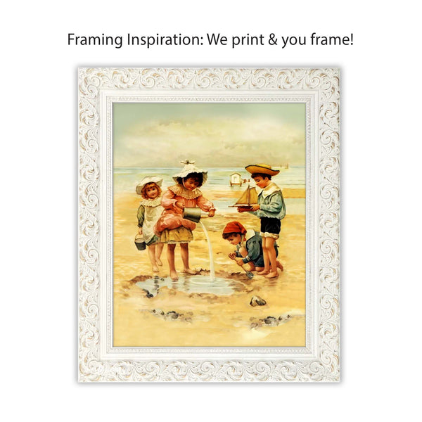 Within this vintage beach print, children work together to create a mini pool of water for their sailboat. Sand and water sensory play has always helped children develop creative thinking, imagination and problem solving. Pack a spade, bucket, and sailboat for hours of play! Vintage print reproduction measures 8 x 10 inches. Printed on durable cover stock with soft velvet finish. tribegift.com