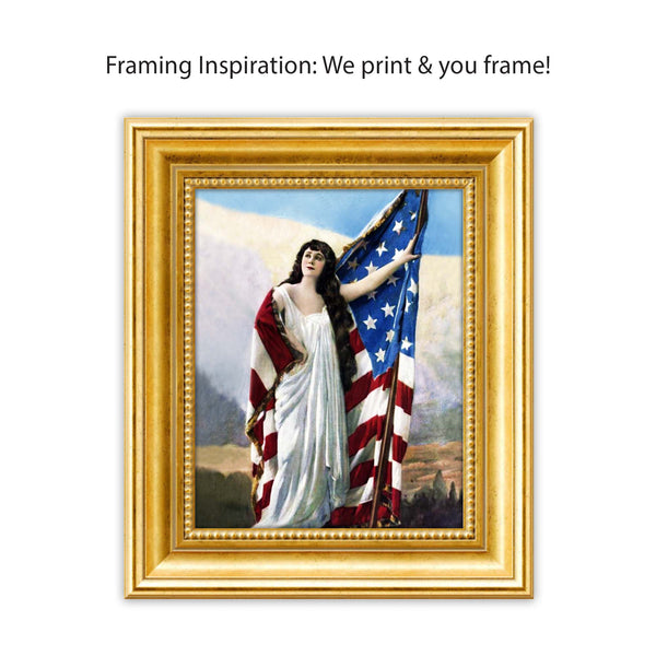 In 1917 and 1918, the woman’s suffrage movement was on the verge of breakthrough. This patriotic wall art print is in honor of everyone who lobbied, marched, and endured fierce resistance when fighting for a woman’s right to vote. Illustration taken from the cover of Theatre Magazine, January 1918. Corinne Barker is shown holding up an American flag. Patriotic woman reproduction printed on durable cover stock with soft velvet finish. Measures 8 x 10 inches. Tribegift.com