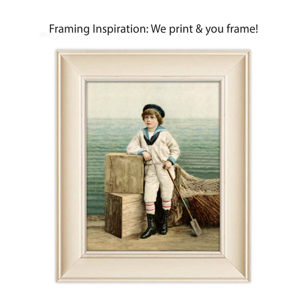 A young boy dressed in a sailor outfit and hat rests his right elbow on seaside crates and holds an oar in his left hand. This Antique Trading Card print presents soft seaside colors with rippling ocean waves in the background. His black shoes with striped socks certainly creates a confident seaside pose! Vintage print reproduction measures 8 x 10 inches. Printed on durable cover stock with soft velvet finish. tribegift.com