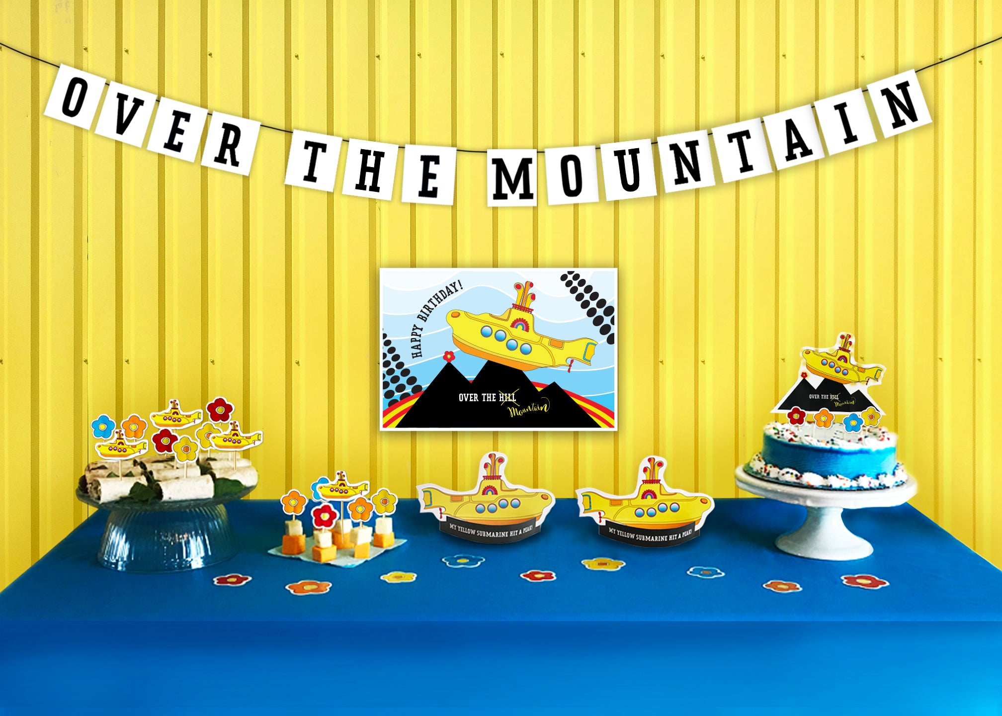 A bold and brave Yellow Submarine makes its way over the peak of a mountain within this party pack theme.  This is no average “Over the Hill” experience. We are talking mountains - not hills. Enjoy celebrating getting old Beatle style! Party Pack includes pennant banner, poster, cut-out décor, cake topper and food picks. - tribegift.com