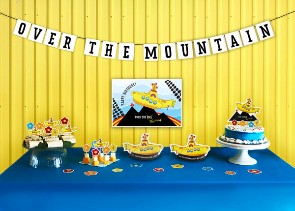 A bold and brave Yellow Submarine makes its way over the peak of a mountain within this party pack theme.  This is no average “Over the Hill” experience. We are talking mountains - not hills. Enjoy celebrating getting old Beatle style! Party Pack includes pennant banner, poster, cut-out décor, cake topper and food picks. - tribegift.com